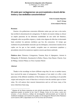 El Cante Por Cartageneras: Un Acercamiento a Través De Los Textos Y Sus Melodías Características 1