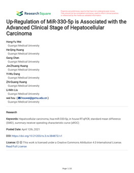 Up-Regulation of Mir-330-5P Is Associated with the Advanced Clinical Stage of Hepatocellular Carcinoma