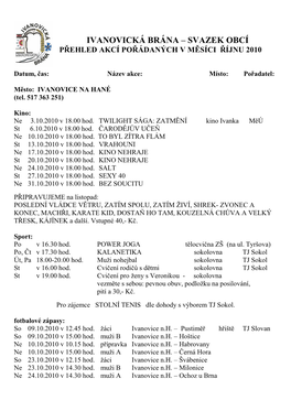 Svazek Obcí P Řehled Akcí Po Řádaných V M Ěsíci Říjnu 2010