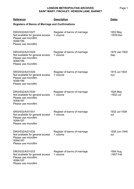 HENDON LANE, BARNET DRO/032 Page 1 Reference Description Dates Registers of B