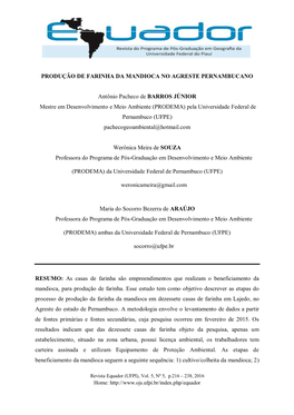 PRODUÇÃO DE FARINHA DA MANDIOCA NO AGRESTE PERNAMBUCANO Antônio Pacheco De BARROS JÚNIOR Mestre Em Desenvolvimento E Meio Am