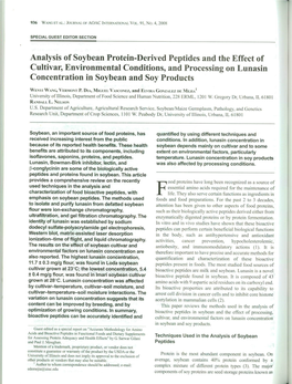 Analysis of Soybean Protein-Derived Peptides and the Effect of Cultivar, Environmental Conditions, and Processing on Lunasin Concentration in Soybean and Soy Products