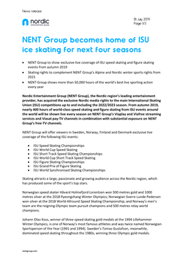 • NENT Group to Show Exclusive Live Coverage of ISU Speed Skating and Figure Skating Events from Autumn 2019 • Skating Right