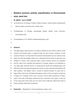 Relative Tectonic Activity Classification in Kermanshah Area, West Iran