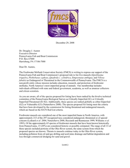 FMCS Comment Letter in Support of PA Mussel Listing