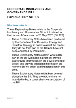 Corporate Insolvency and Governance Bill Explanatory Notes