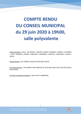 COMPTE RENDU DU CONSEIL MUNICIPAL Du 29 Juin 2020 À 19H00, Salle Polyvalente