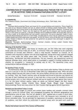 Contribution of Pasumpon Muthuramalinga Thevar for the Welfare of De-Notified Tribes in Ramanathapuram District A-Study