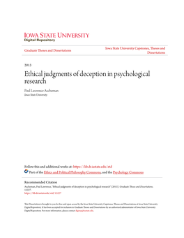 Ethical Judgments of Deception in Psychological Research Paul Lawrence Ascheman Iowa State University