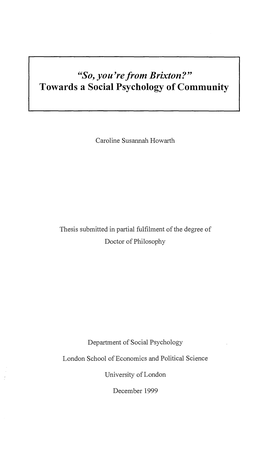 "So, You're from Brixton?" Towards a Social Psychology of Community