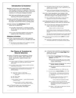 Introduction to Evolution the Theory of Evolution by Natural Selection