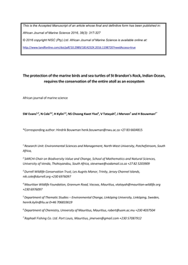 The Protection of the Marine Birds and Sea Turtles of St Brandon's Rock, Indian Ocean, Requires the Conservation of the Entire Atoll As an Ecosystem