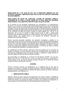 Resolución De 11 De Julio De 2017 De La Dirección Gerencia De Los Distritos Granada Y Metropolitano Por La Que Se Convoca Concurso De Acoplamiento