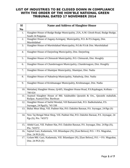 List of Industries to Be Closed Down in Compliance with the Order of the Hon’Ble National Green Tribunal Dated 17 November 2014