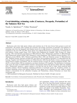 Coral-Inhabiting Swimming Crabs (Crustacea, Decapoda, Portunidae) of the Sudanese Red Sea Vassily A