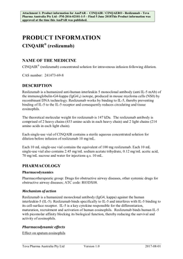 Reslizumab - Teva Pharma Australia Pty Ltd - PM-2016-02101-1-5 – Final 5 June 2018This Product Information Was Approved at the Time This Auspar Was Published