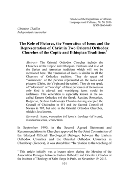 The Role of Pictures, the Veneration of Icons and the Representation of Christ in Two Oriental Orthodox 1 Churches of the Coptic and Ethiopian Traditions