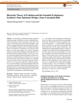 Hierarchy Theory of Evolution and the Extended Evolutionary Synthesis: Some Epistemic Bridges, Some Conceptual Rifts