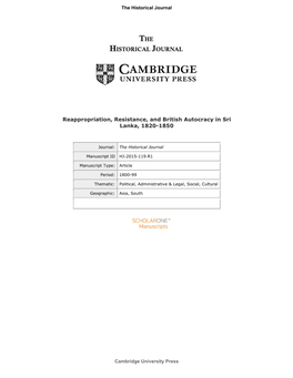 Reappropriation, Resistance, and British Autocracy in Sri Lanka, 1820-1850