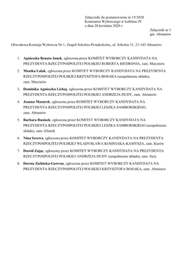 Załączniki Do Postanowienia Nr 15/2020 Komisarza Wyborczego W Lublinie IV Z Dnia 20 Kwietnia 2020 R