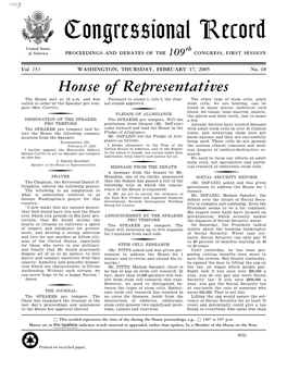 Congressional Record United States Th of America PROCEEDINGS and DEBATES of the 109 CONGRESS, FIRST SESSION