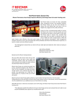 Red Planet Hotel, Quezon City: Rheem Thermatrac Heat Pumps Improve Efficiency and Brings Down Hot Water Heating Costs