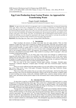 Egg Crate Production from Carton Wastes: an Approach for Transforming Waste Osagie Joseph Aitokhuehi Centre for Population and Environmental Development, Nigeria