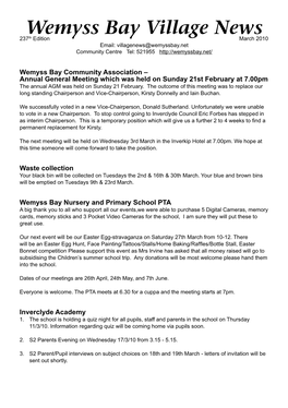 Wemyss Bay Village News 237Th Edition March 2010 Email: Villagenews@Wemyssbay.Net Community Centre Tel: 521955