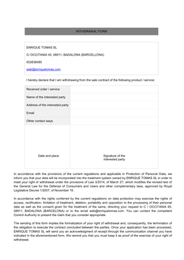 Withdrawal Form Enrique Tomas Sl C/ Occitania 45