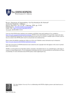 Review: Discourses of Impossibility: Can Psychoanalysis Be Political? Author(S): Elizabeth J. Bellamy Source: Diacritics, Vol. 23, No