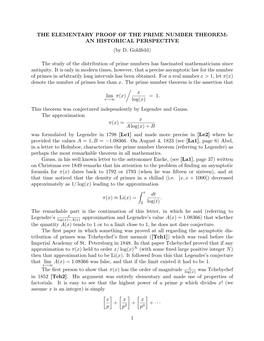 THE ELEMENTARY PROOF of the PRIME NUMBER THEOREM: an HISTORICAL PERSPECTIVE (By D