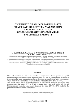 The Effect of an Increase in Paste Temperature Between Malaxation and Centrifugation on Olive Oil Quality and Yield: Preliminary Results