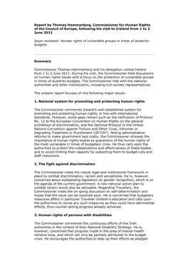 Report by Thomas Hammarberg, Commissioner for Human Rights of the Council of Europe, Following His Visit to Ireland from 1 to 2 June 2011