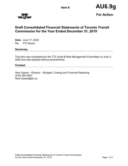 Draft Consolidated Financial Statements of Toronto Transit Commission for the Year Ended December 31, 2019