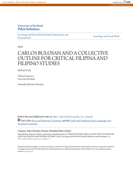 CARLOS BULOSAN and a COLLECTIVE OUTLINE for CRITICAL FILIPINA and FILIPINO STUDIES Michael Viola