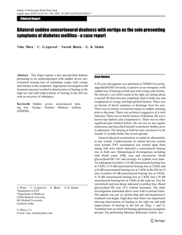 Bilateral Sudden Sensorineural Deafness with Vertigo As the Sole Presenting Symptoms of Diabetes Mellitus - a Case Report