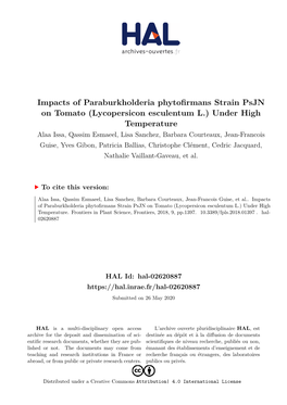 Impacts of Paraburkholderia Phytofirmans Strain Psjn on Tomato