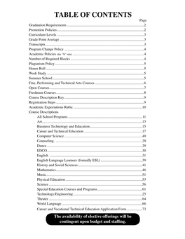 TABLE of CONTENTS Page Graduation Requirements