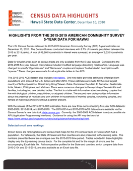 DBEDT Highlights for the State of Hawaii 2019