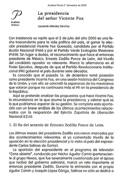 La Presidencia Del Señor Vicente Fox Análisis Político Leonardo Méndez Sánchez