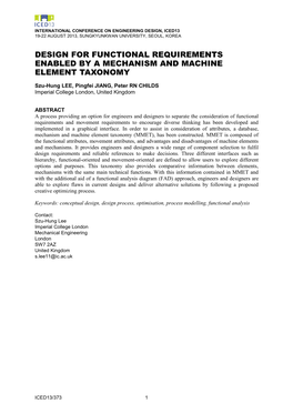 Design for Functional Requirements Enabled by a Mechanism and Machine Element Taxonomy