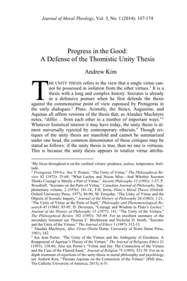 Progress in the Good: a Defense of the Thomistic Unity Thesis
