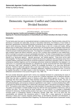 Democratic Agonism: Conflict and Contestation in Divided Societies Written by Kathryn Harvey