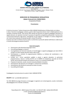 SERVIZIO DI PEDAGOGIA SCOLASTICA ANNO SCOLASTICO 2020/2021 -Cooperativa Kinesis