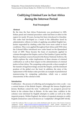 Codifying Criminal Law in East Africa During the Interwar Period