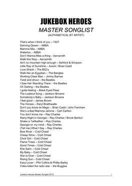 Jukebox Heroes Master Songlist (Alphabetical by Artist)