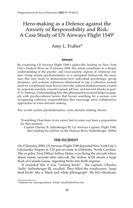 Hero-Making As a Defence Against the Anxiety of Responsibility and Risk: a Case Study of US Airways Flight 15491