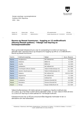 Rauma Og Nesset Kommunar - Bygging Av 12 Småkraftverk (Rauma/Nesset-Pakken) - Fråsegn Ved Høyring Av Konsesjonssøknader