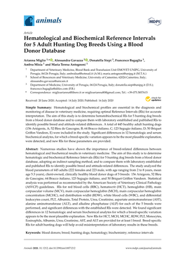 Hematological and Biochemical Reference Intervals for 5 Adult Hunting Dog Breeds Using a Blood Donor Database