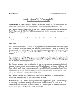 Press Release for Immediate Publication Mahindra Lifespaces' Q1 PAT Increases by 72% Consolidated PAT Increases by 35% Mumbai